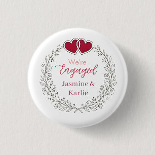 black floral wreath red heart we are engaged name  3 cm round badge