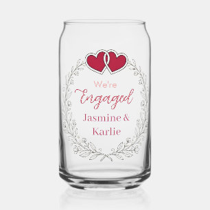 black floral wreath red heart we are engaged name can glass