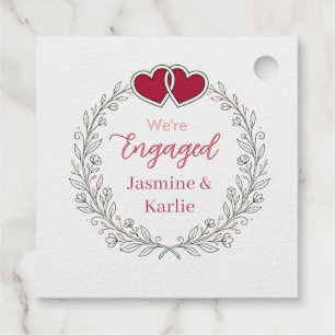 black floral wreath red heart we are engaged name  favour tags