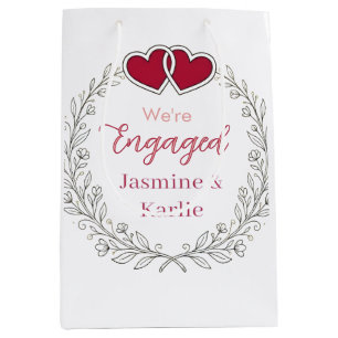 black floral wreath red heart we are engaged name medium gift bag