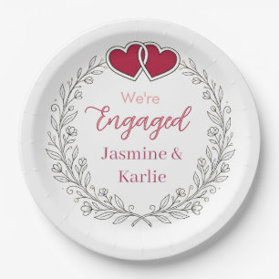black floral wreath red heart we are engaged name  paper plate