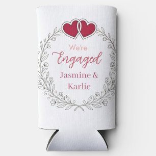 black floral wreath red heart we are engaged name seltzer can cooler