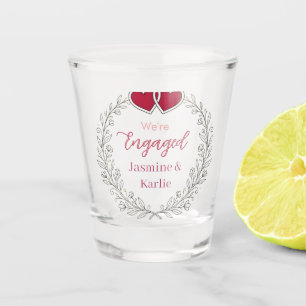 black floral wreath red heart we are engaged name  shot glass