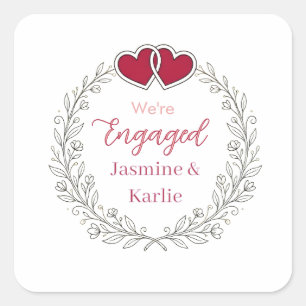 black floral wreath red heart we are engaged name  square sticker