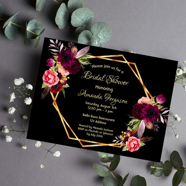 Black florals burgundy bridal shower invitation postcard (Creator Uploaded)