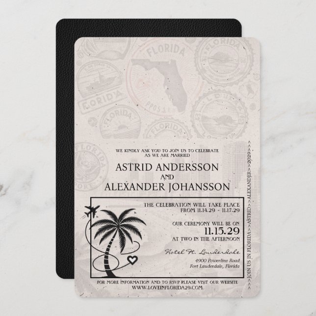Black Florida Passport Wedding Invitation (Front/Back)