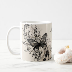 Black Flourish Butterflies Personalised Coffee Mug