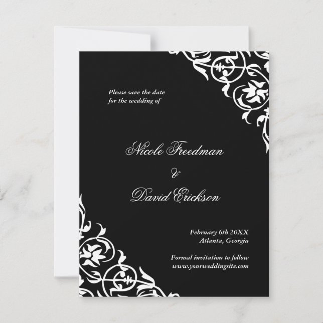 Black flourish classy scroll wedding save the date (Front)