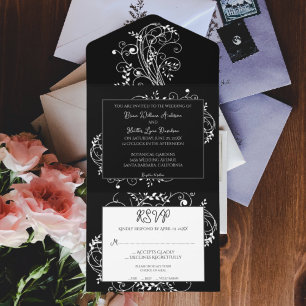 Black Flourish Wedding All In One Invitation