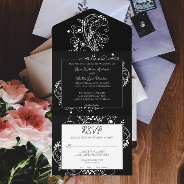 Black Flourish Wedding All In One Invitation (Black Flourish All in One Wedding Invite)