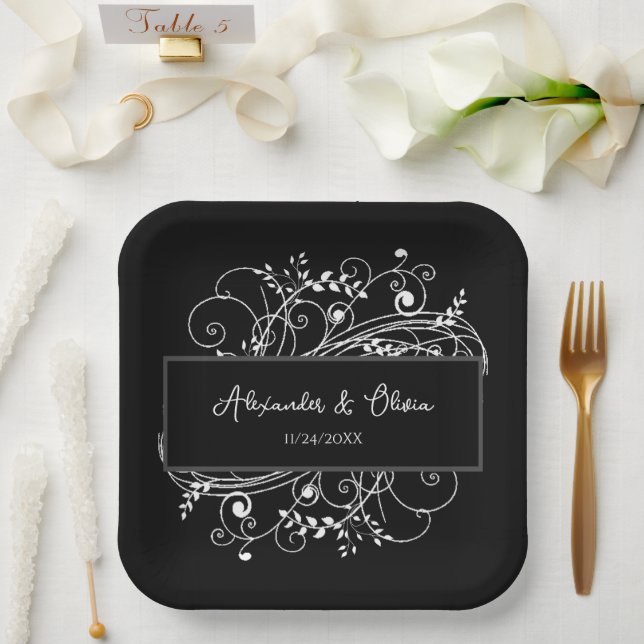 Black Flourish Wedding Shower Paper Plates (Wedding)