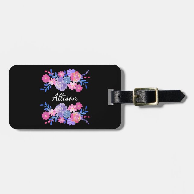 Black Flower Custom Monogram Luggage Tag (Front Horizontal)