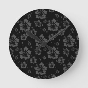 Black Flower Illustration on Black Background Round Clock