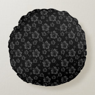 Black Flower Illustration on Black Background Round Cushion