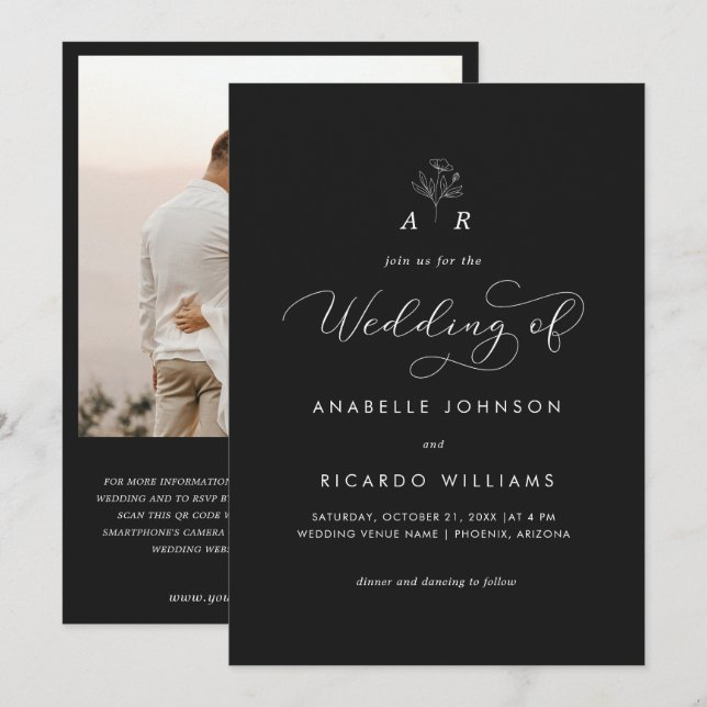 Black Flower Monogram Script Photo QR Code Wedding Invitation (Front/Back)