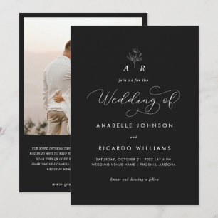 Black Flower Monogram Script Photo QR Code Wedding Invitation