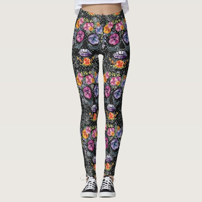 Black Flower Skull Leggings - Skull Fashions (Front)