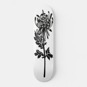 Black Flower Stencil White Background Skateboard