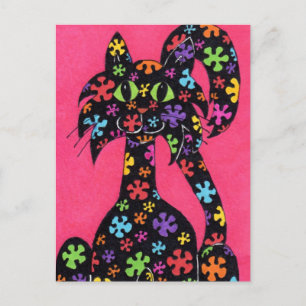 Black Flowered Cat Postcard
