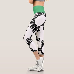 Black Flowers And Green Capri Leggings