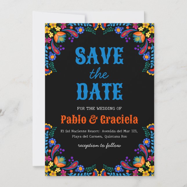 black flowers mexican save the date invitation (Front)