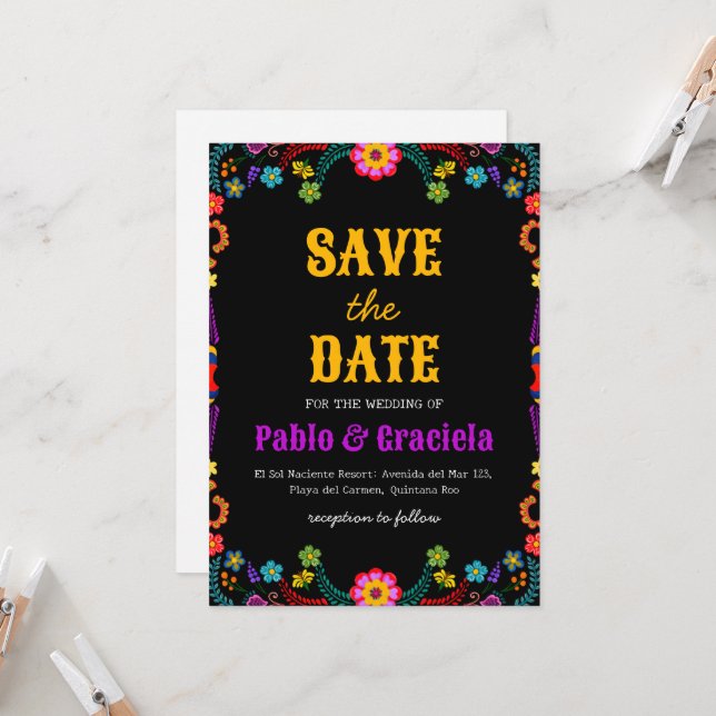 black flowers mexican save the date invitation (Front/Back In Situ)