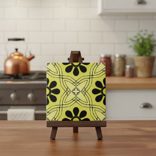 Black Flowers on Lime Green Background Pattern Tile