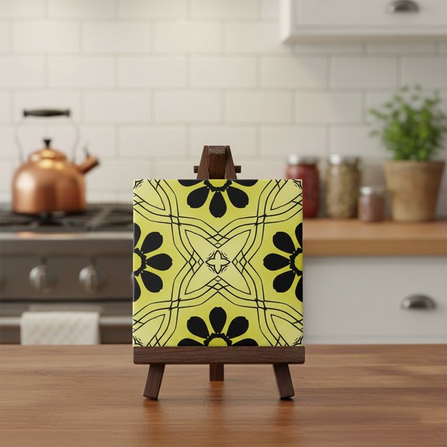 Black Flowers on Lime Green Background Pattern Tile (Creator Uploaded)