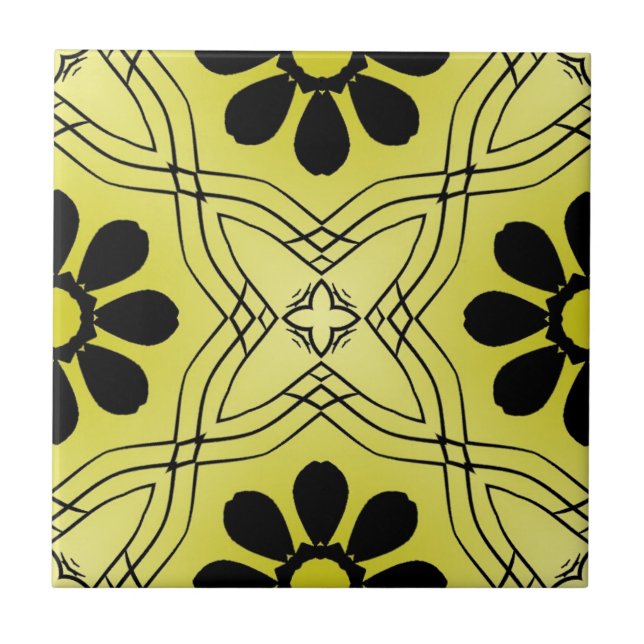 Black Flowers on Lime Green Background Pattern Tile (Front)
