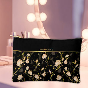 Black Flowers Pattern Pretty Girly Trendy Accessory Pouch