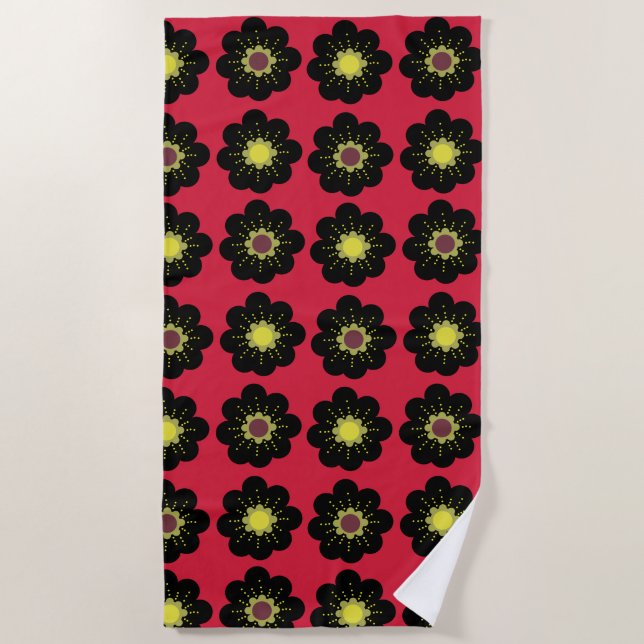 Black Flowers Red Background Scandinavian Flowers  Beach Towel (Front)