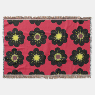 Black Flowers Red Background Scandinavian Flowers Throw Blanket
