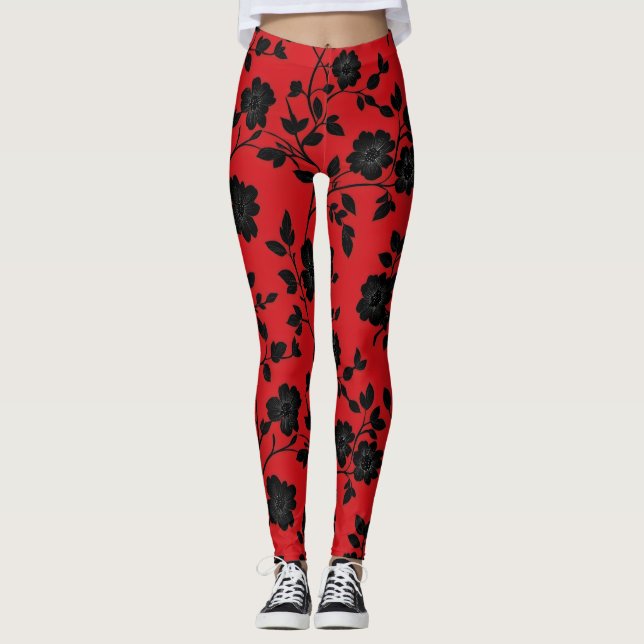 Black Flowers Red Leggings (Front)