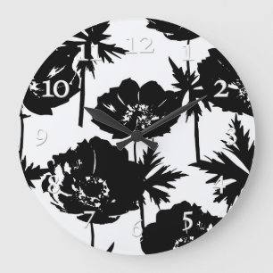 Black flowers, white, Monochrome Large Clock