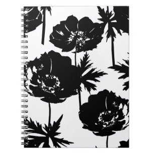 Black flowers, white, Monochrome Notebook