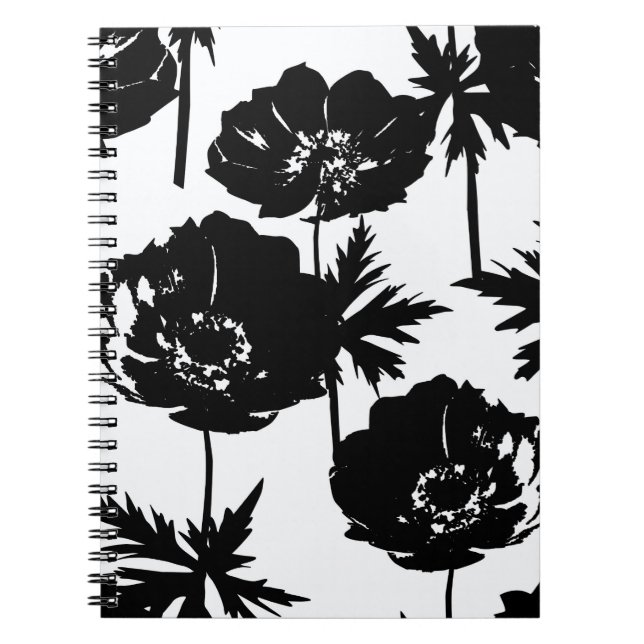 Black flowers, white, Monochrome Notebook (Front)