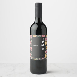 Black Flowers Wine Bottle Label for Wedding