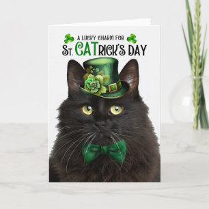 Black Fluffy Cat St. CATrick's Day Lucky Charm Holiday Card