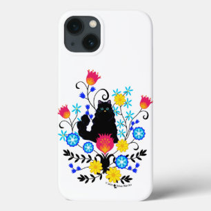 Black Fluffy Cat with Flowers iPhone 13 Case