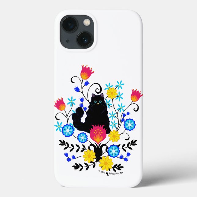 Black Fluffy Cat with Flowers Case-Mate iPhone Case (Back)