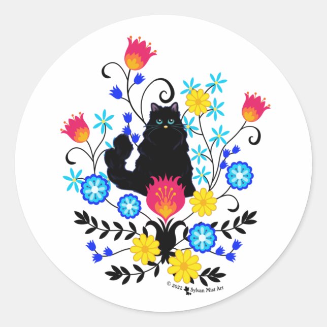 Black Fluffy Cat with Flowers Classic Round Sticker (Front)