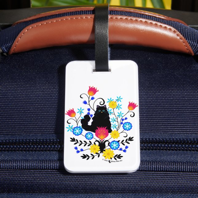 Black Fluffy Cat with Flowers Luggage Tag (Back Insitu 4)
