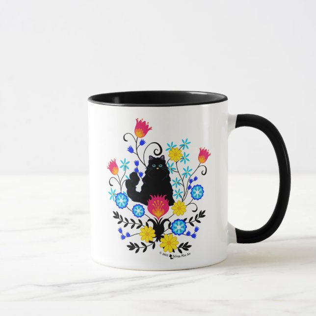 Black Fluffy Cat with Flowers Mug (Right)