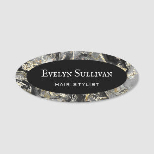 Black Fluid Marble Name Tag