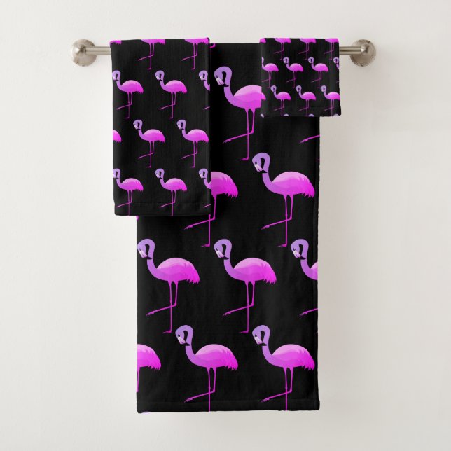 BLACK FLURO FLAMINGO PATTERN BATHROOM TOWEL SET (Insitu)