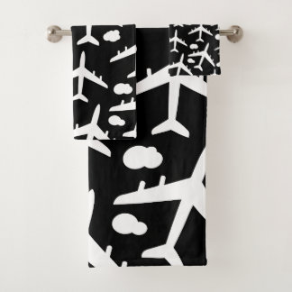 Black Flying aeroplanes aircraft pattern  Bath Towel Set