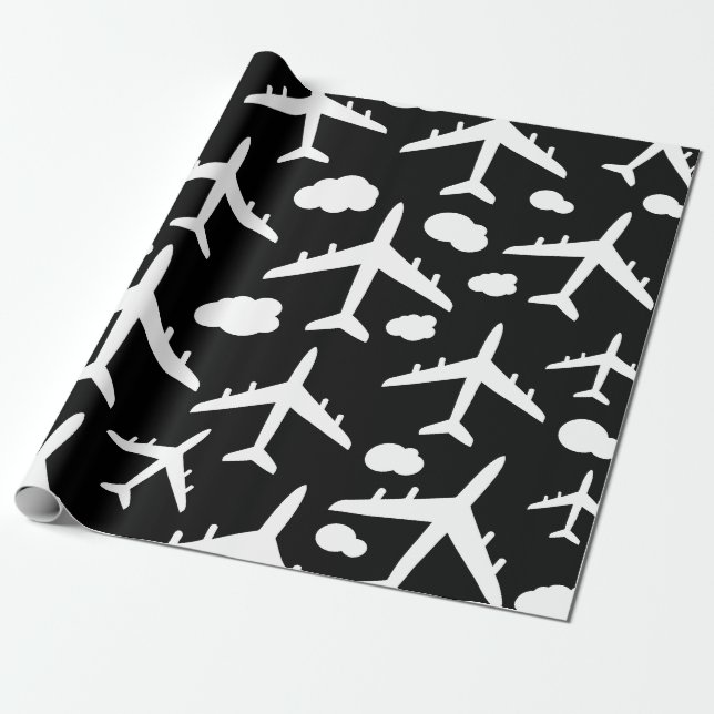 Black flying aeroplanes aircraft pattern design  wrapping paper (Unrolled)