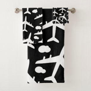 Black Flying airplanes aircraft pattern  Bath Towel Set
