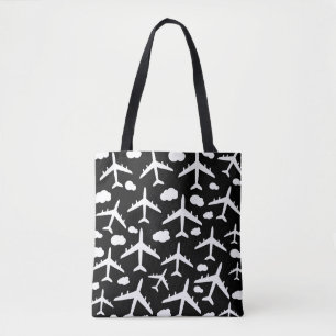 Black flying airplanes aircraft pattern design  tote bag