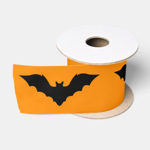 Black Flying Bat Silhouette On Orange Halloween Satin Ribbon